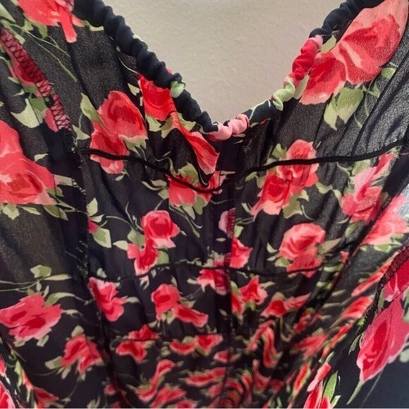 Karin Stevens Vintage 90s Black Rose Print Semi Sheer Midi Dress Size 6 - Picture 13 of 14